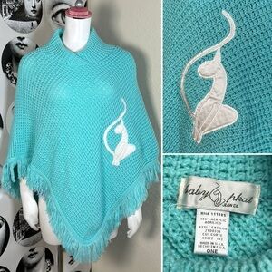 Baby Phat Y2k Vintage Light Teal Knit Poncho w/ Fringe & Cat Patch, Sz L